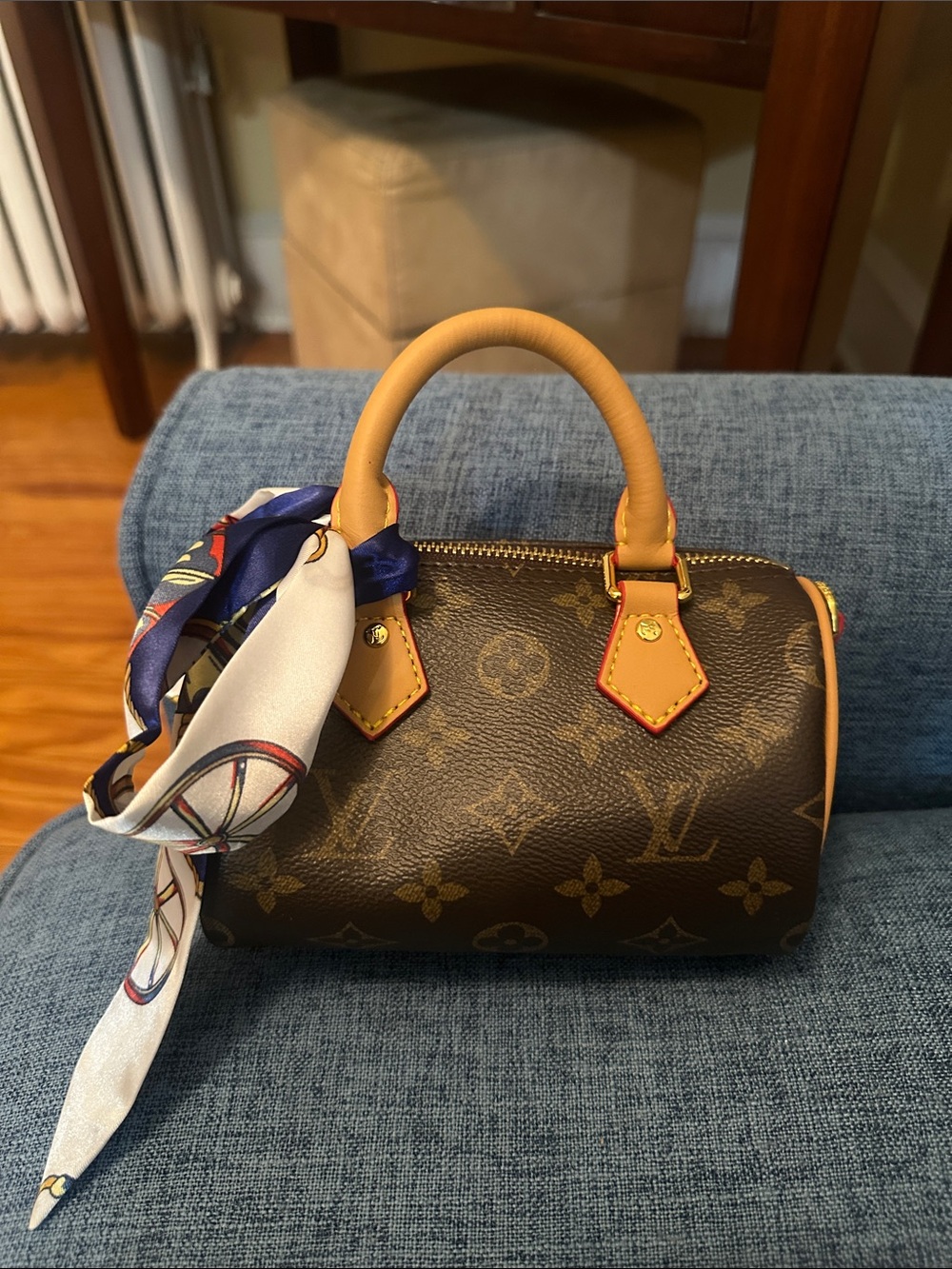 Brown Monogram Mini Top-Handle Bag with Silk Scarf Accent
